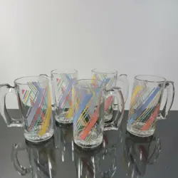 VINTAGE 1980'S LIBBEY GLASSES SET OF 5 STRIPES PASTELS RETRO BEER MUGS