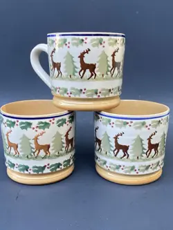 3 VINTAGE NICHOLAS MOSSE REINDEER HOLLY SPONGEWARE POTTERY MUGS CUPS IRELAND