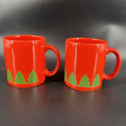VINTAGE WAECHTERSBACH W. GERMANY CHRISTMAS TREE COFFEE CUPS MUGS RED 2 MUGS