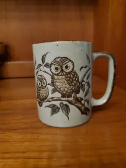 OTAGIRI OWL MUG CUP SPECKLED OATMEAL TWO OWLS ON TREE EMBOSSED STONEWARE 4