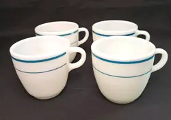 VINTAGE PYREX MILK GLASS COFFEE CUPS MUGS CORNING BLUE STRIPE BAND SET OF 4