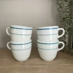 VINTAGE PYREX MILK GLASS COFFEE MUGS CORNING BLUE TEAL STRIPE BAND SET OF 4