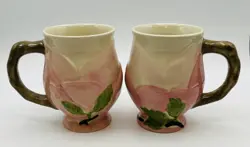 VTG FRANCISCAN DESERT ROSE SCULPTED FOOTED COFFEE MUGS PORTUGAL, SET OF 2.
