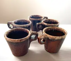 LOT OF 5 VINTAGE HULL USA OVENPROOF BROWN DRIP GLAZE POTTERY MUGS D RING HANDLE
