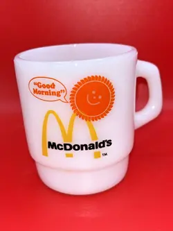 VTG MCDONALDS GOOD MORNING SUNSHINE COFFEE CUP MUG ANCHOR HOCKING FIREKING MILK