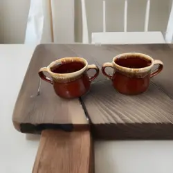 SET OF 2 VINTAGE MCCOY POTTERY BROWN DRIP SOUP BOWL DOUBLE HANDLE COFFEE MUG USA