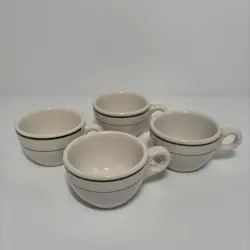 (4) VINTAGE BUFFALO CHINA RESTAURANT WARE COFFEE MUG CUP WHITE GREEN STRIPE