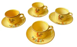 VINTAGE SET 4 CUPS & 4 SAUCERS TAYLOR SMITH TAYLOR REVEILLE ROOSTER MUGS YELLOW