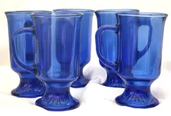 SET OF 5 VINTAGE ANCHOR HOCKING COBALT BLUE FOOTED IRISH COFFEE MUGS / GLASSES
