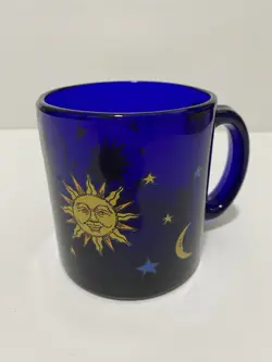 VINTAGE LIBBEY COBALT BLUE GLASS CELESTIAL SUN MOON STARS MUG