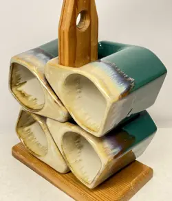 VINTAGE RODOLFO PADILLA COFFEE MUGS - SET OF 4 - WOOD STAND - DRIP GLAZE