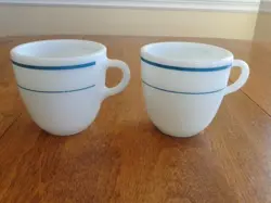 VINTAGE PYREX TABLEWARE BY CORNING MUGS #723 TURQUOISE BLUE STRIPES LOT OF 2