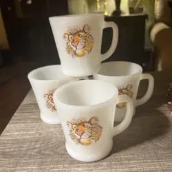 4 FIRE KING ESSO TIGER MILK GLASS MUGS VTG ANCHOR HOCKING EXXON WHITE ORANGE