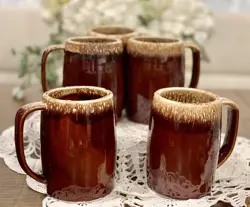 VINTAGE HULL OVEN PROOF BROWN DRIP GLAZE BEER STEIN COFFEE MUGS SET OF 5