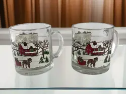 LIBBY'S CHRISTMAS WINTER VILLAGE SNOW SCENE GLASS MUGS - SET OF 2 VTG CHRISTMAS