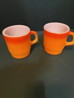 VINTAGE FIRE KING ORANGE OMBRE D HANDLE STACKABLE COFFEE CUPS MUGS SET OF 2