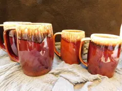 4 VINTAGE HULL USA 16 OZ. BROWN DRIP GLAZE BEER STEIN / LARGE COFFEE MUG 5