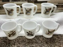 VINTAGE FIRE KING OVEN WARE MILK GLASS GAME BIRD COFFEE MUGS SET OF 6