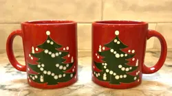 SET OF 2 VINTAGE WAECHTERSBACH W GERMANY CHRISTMAS TREE RED MUGS HOLIDAY