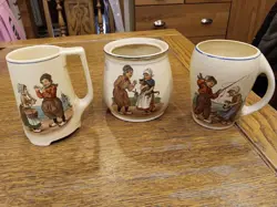 3 VINTAGE ROSEVILLE POTTERY DUTCH CHILDREN TOY SAILBOAT, FISHING, SMOKING
