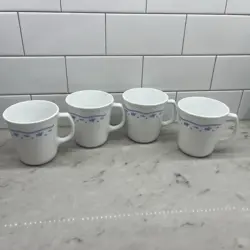 4 VINTAGE CORELLE CORNING WARE MORNING BLUE COFFEE CUPS MUGS 8 OZ.