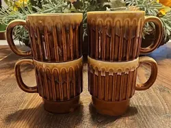 VINTAGE BROWN DRIP GLAZE STACKABLE COFFEE MUGS CUPS CERAMIC JAPAN SET OF 4