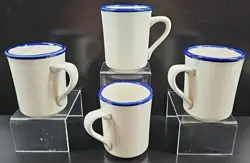 4 SYRACUSE CHINA BLUE RIM MUGS SET VINTAGE RESTAURANT WARE WHITE COFFEE CUPS LOT