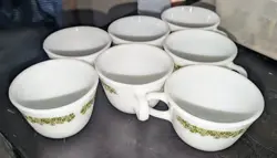 SET OF 7 - VINTAGE PYREX SPRING BLOSSOM CRAZY DAISY MILK GLASS 8 OZ COFFEE CUPS 