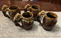 LOT OF 4 VINTAGE ROCKINGHAM HARKER 1840 USA GLAZED HOUND HANDLE MUG DEER