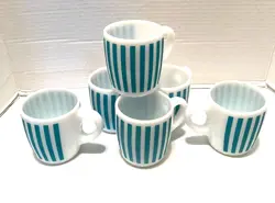 VTG SET/6 HAZEL ATLAS TURQUOISE BLUE CANDY STRIPE MILK GLASS MUGS RETRO MCM