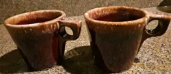  HULL POTTERY COFFEE MUG TEA CUPS 3.5” BROWN DRIP GLAZE VINTAGE OVEN PROOF SET 2