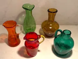 VTG 5PC LOT BLENKO?+CRACKLE GLASS -NICE COLORS-PITCHER,JUG, MUG & MORE STYLES 