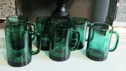 LIBBEY JUNIPER GREEN GLASS COFFEE TEA MUGS WITH GOLD RIM SET OF 6 VTG
