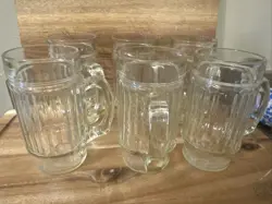 VINTAGE ANCHOR HOCKING VERTICAL RIBBED CLEAR GLASS MUGS STEINS SET OF 6 EUC