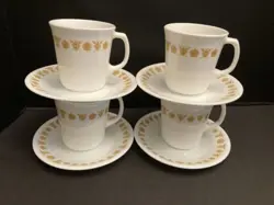VINTAGE CORELLE BY CORNING BUTTERFLY GOLD SET OF 4 MUGS AND SAUCERS