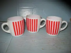3 VINTAGE HAZEL ATLAS RED CANDY STRIPE WHITE MILK GLASS COFFEE CUPS  MUGS