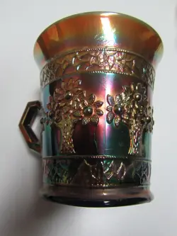  COBALT BLUE CARNIVAL GLASS FENTON ORANGE TREE HANDLED MUG CUP VINTAGE