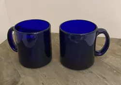 SET OF 2 VINTAGE LIBBEY DURATUFF COBALT BLUE USA HEAVY COFFEE TEA MUGS 3 3/4