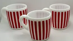 VINTAGE SET OF 3 HAZEL ATLAS RED AND WHITE CANDY STRIPE COFFEE MUGS