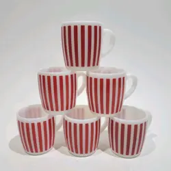 6 VINTAGE MCM HAZEL ATLAS RED & WHITE CANDY STRIPE GLASS COFFEE MUGS 8 OZ
