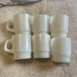 VINTAGE FIRE-KING WHITE COFFEE MUG SET OF 6 STACKABLE CUP ANCHOR HOCKING