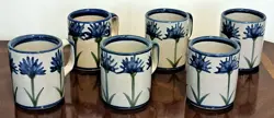 6 VINTAGE LOUISVILLE STONEWARE BLUE BACHELOR BUTTON / CORNFLOWER MUGS