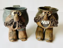 VINTAGE 70S UGLY FUNNY FACE FOLK ART HANDMADE STONEWARE MUG COFFEE  7