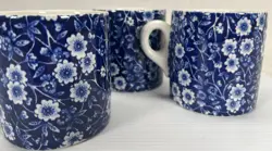 SET 3 VINTAGE ROYAL CROWNFORD BLUE CALICO COFFEE MUGS STAFFORDSHIRE ENGLAND