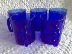 VTG SET 5 ARCOROC FRANCE ROYAL COBALT BLUE GLASS COFFEE MUGS FRANCE