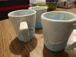 WINART POTTERY VINTAGE BLUE AND WHITE COFFEE MUG  1960S MCM DRIP GLAZE SET OF 3