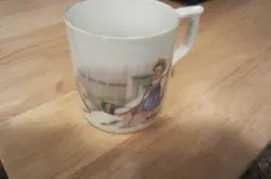 ANTIQUE VINTAGE CHILD'S MUG THE SKI ING MATCH - SMALL CHIP ON RIM