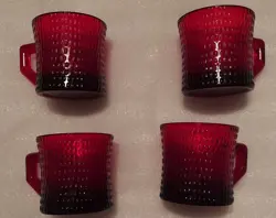 VINTAGE HOBNAIL MAROON RED GLASS COFFEE CUP MUGS SET OF 4