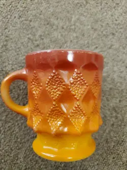 VINTAGE MID CENTURY FIRE KING ORANGE KIMBERLY DIAMOND PATTERN GLASS COFFEE MUG