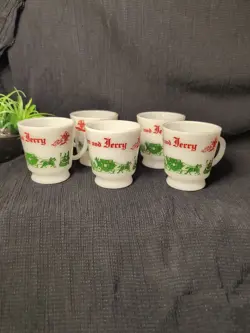VINTAGE SET OF 5 TOM AND JERRY EGG NOG MILK GLASS,FOOTED,HOLIDAY CUP HAZEL ATLAS